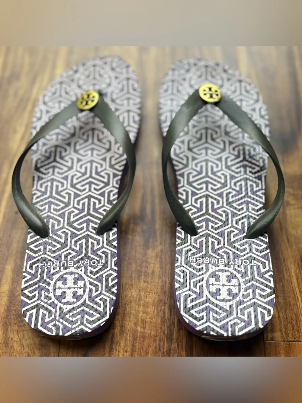 Tory Burch Purple/Black geometric print logo medallion Flip Flop Sandals size 9
